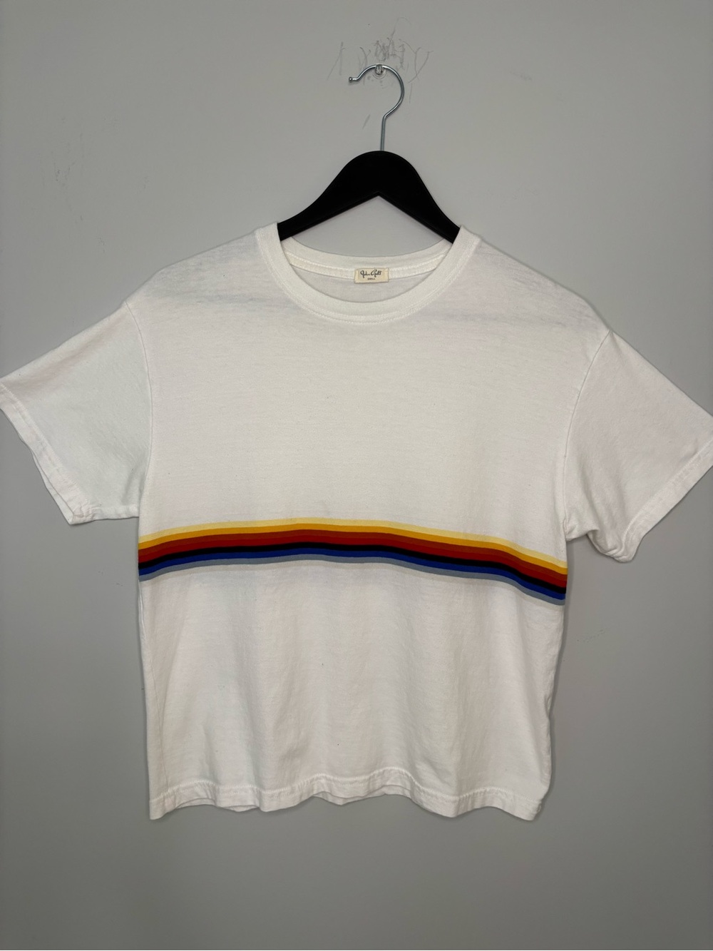 Brandy Melville / John Gault White Tee with Rainbow Chest Stripe